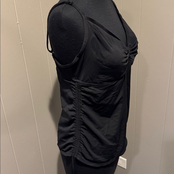 B14 Black tab gathered center bodice drawstring sides tankini long swimsuit top. - Picture 3 of 4